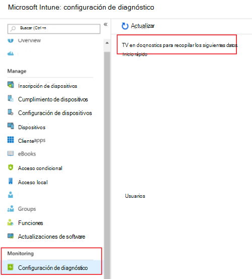 Captura de pantalla que muestra cómo activar la configuración de diagnóstico en Microsoft Intune para enviar registros a Azure Monitor.