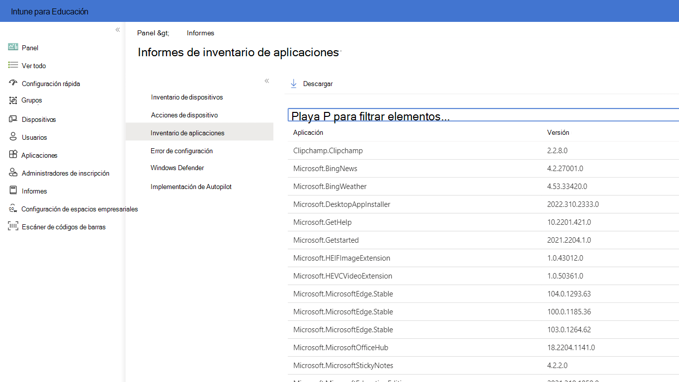 Opciones de informes disponibles en Intune para Educación al seleccionar la hoja de informes