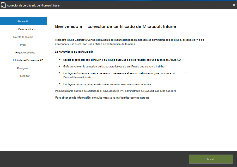 Página de bienvenida del asistente Certificate Connector para Microsoft Intune.