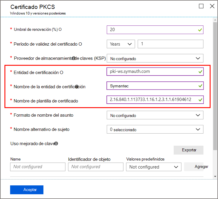 Selecciones correspondientes a la plantilla de certificado y la CA