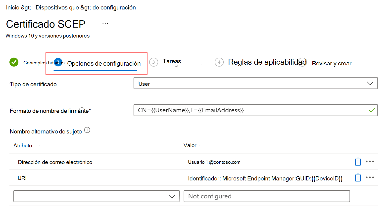 Captura de pantalla del flujo de creación del perfil de certificado SCEP que resalta la etiqueta Configuración.