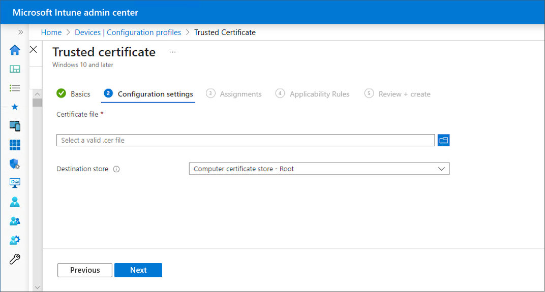 Crear un perfil y cargar un certificado de confianza