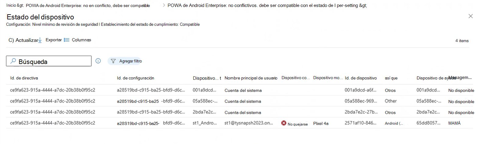 Captura de pantalla que muestra los resultados de la exploración en profundidad de un resultado de estado por configuración para ver los detalles de los dispositivos que han notificado ese estado.