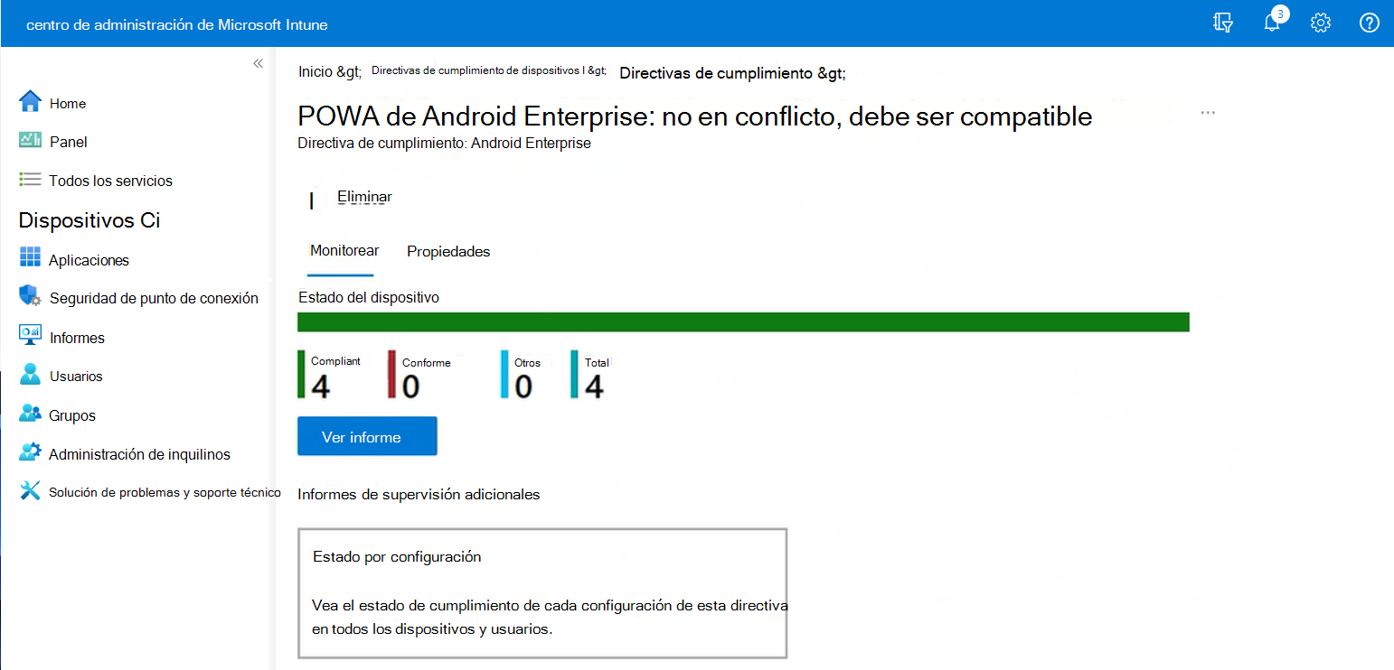 Vista del centro de administración de Intune después de seleccionar una directiva de cumplimiento.