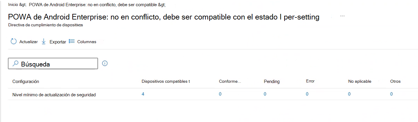 Captura de pantalla que muestra el informe de estado detallado por configuración, después de seleccionar el botón Ver informe en el centro de administración de Intune.