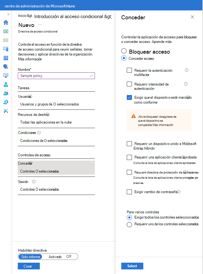 captura de pantalla de la superficie de configuración y las opciones para conceder