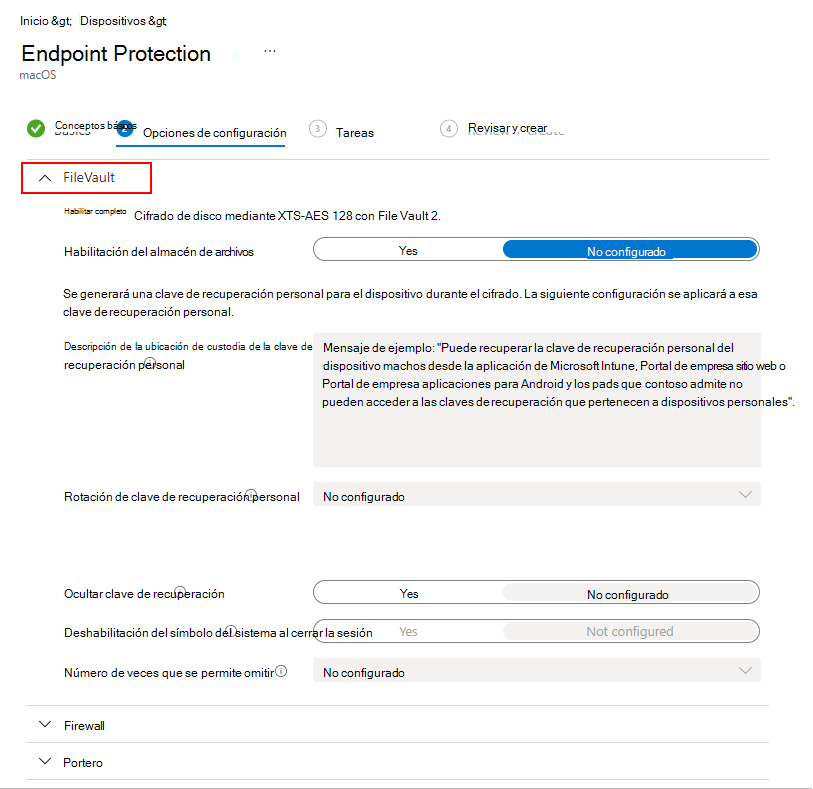 Captura de pantalla que muestra la configuración de FileVault.