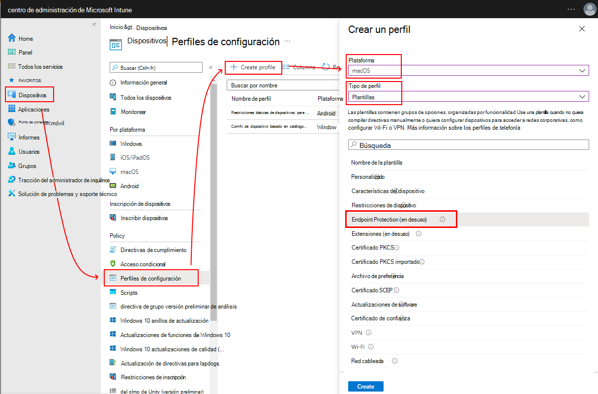 Captura de pantalla que muestra el perfil de Endpoint Protection.