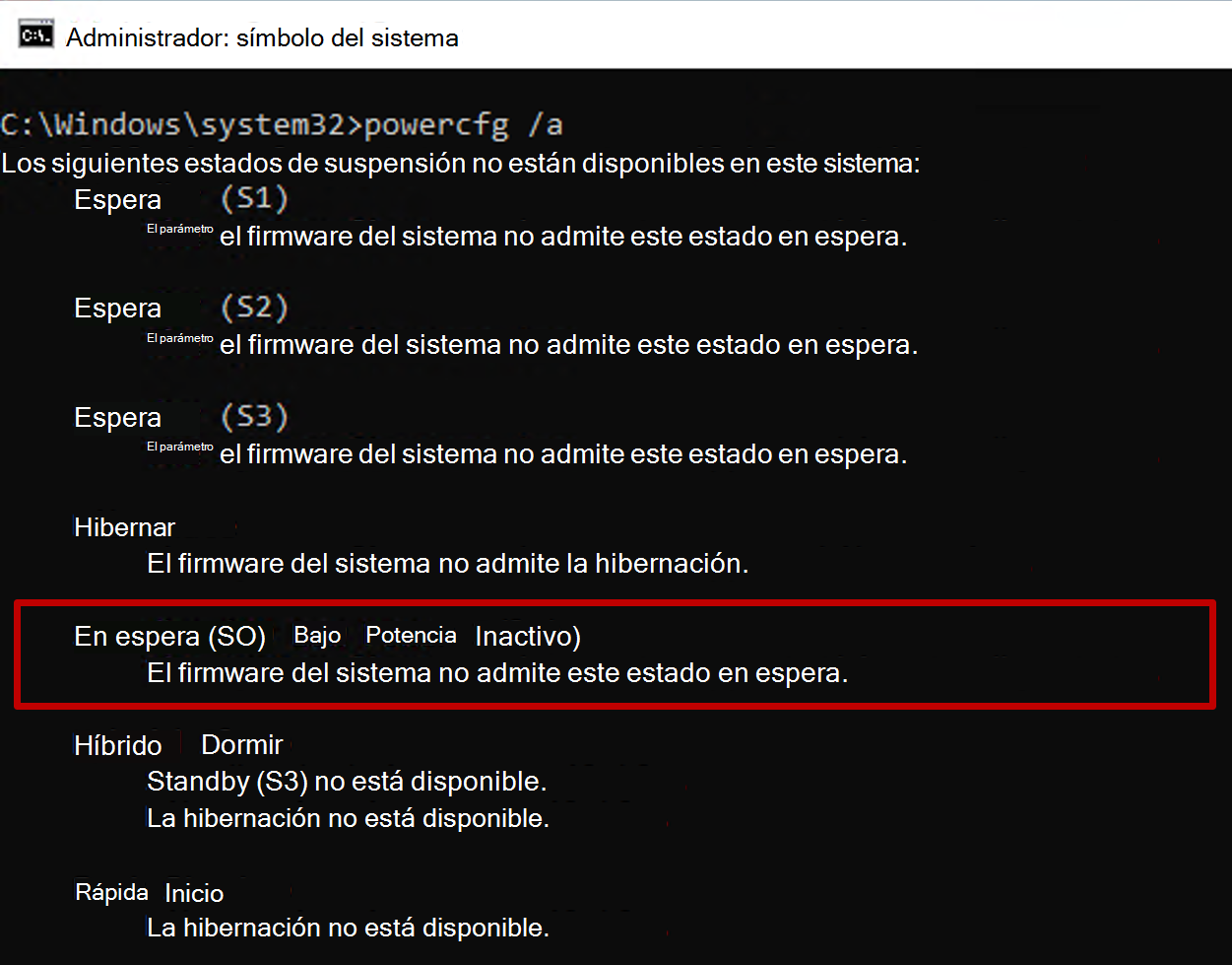 Captura de pantalla del símbolo del sistema que muestra la salida del comando powercfg con el estado en espera S0 no disponible.