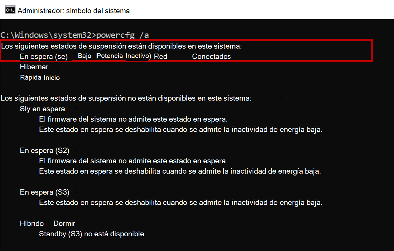 Captura de pantalla del símbolo del sistema que muestra la salida del comando powercfg con el estado de espera S0 disponible.