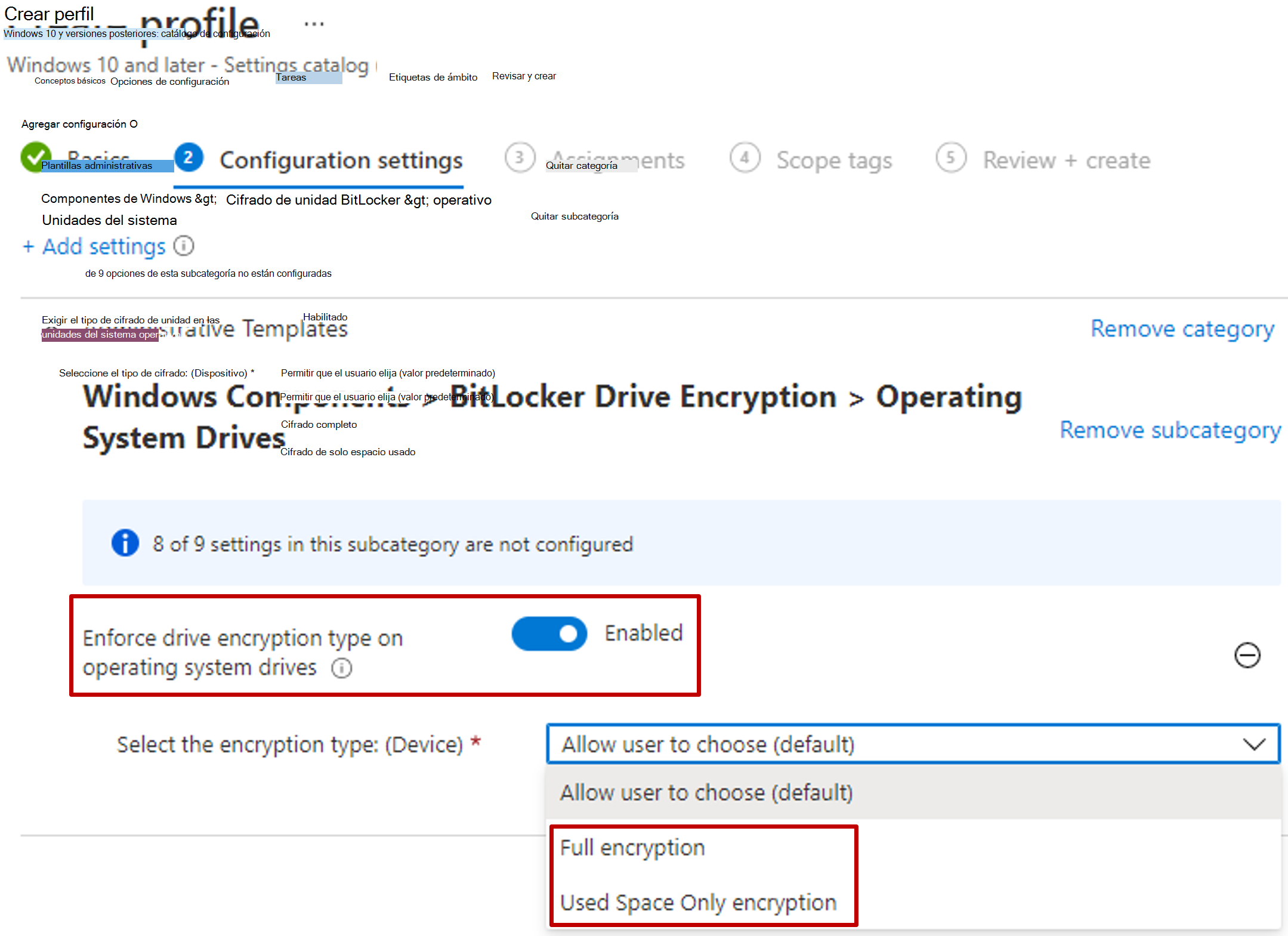 Captura de pantalla del catálogo de configuración de Intune que muestra Aplicar el tipo de cifrado de unidad en las unidades del sistema operativo