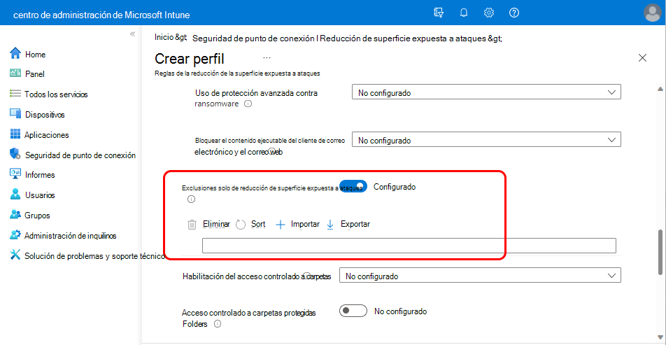 Captura de pantalla de la configuración Solo exclusiones de reducción de superficie expuesta a ataques.