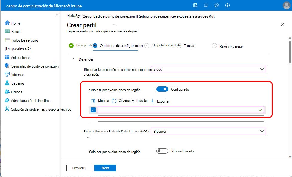 Captura de pantalla de la configuración Solo ASR \Por exclusiones de reglas.