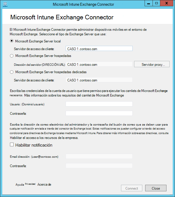 Imagen que muestra dónde debe elegir el tipo de Exchange Server