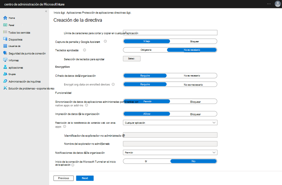 Captura de pantalla de la configuración de una configuración de directiva de protección de aplicaciones para usar Tunnel en el inicio de la aplicación.