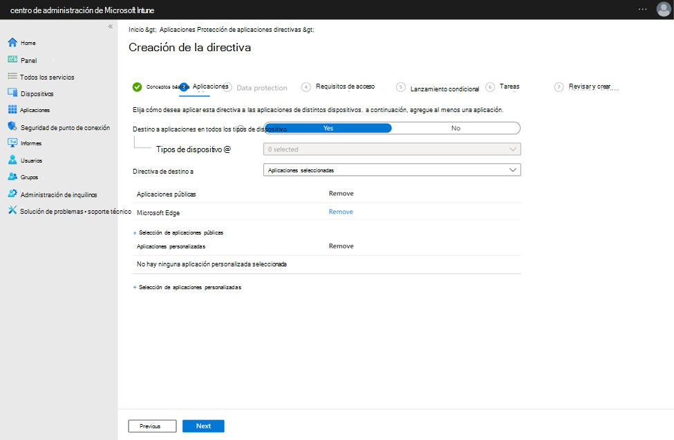 Captura de pantalla de la configuración de una directiva de protección de aplicaciones con Microsoft Edge como una aplicación pública.