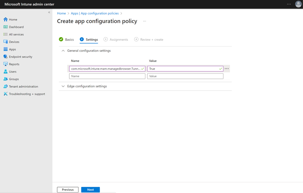 Imagen que muestra la clave y el valor de configuración del conmutador de identidad para MAM Tunnel en dispositivos Android no administrados en Microsoft Intune.