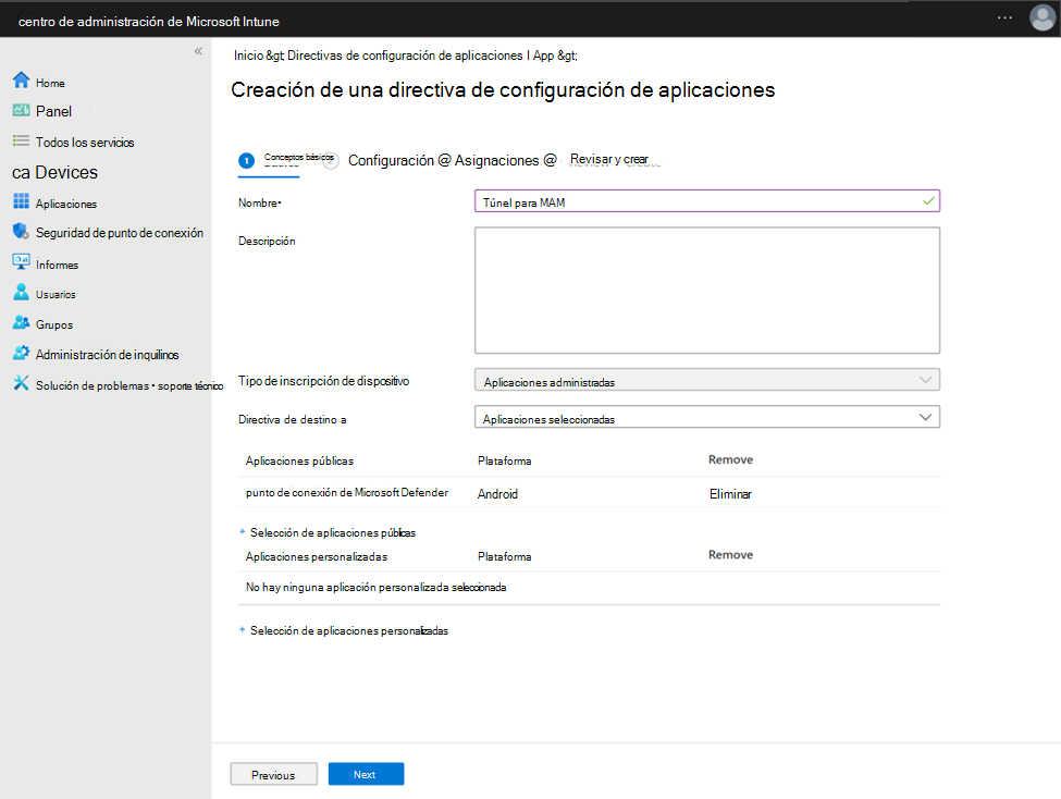 Captura de pantalla de la configuración de una directiva de configuración de aplicaciones con Microsoft Defender punto de conexión como una aplicación pública.