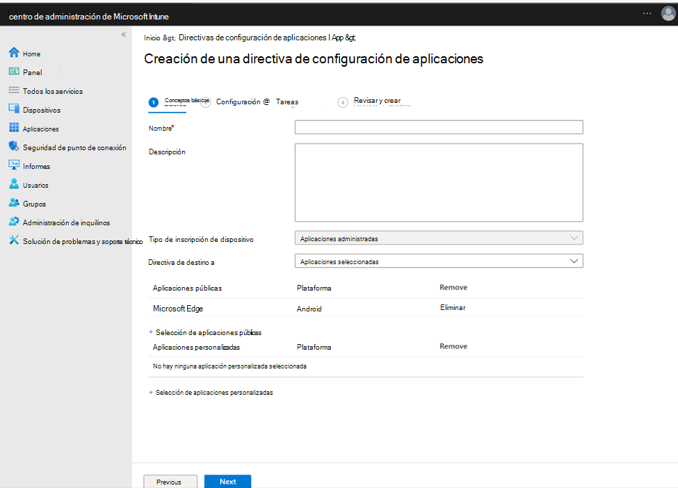 Captura de pantalla de la configuración de una directiva de configuración de aplicaciones con Microsoft Edge como una aplicación pública.