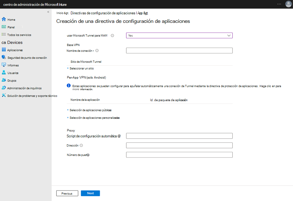 Captura de pantalla de la configuración de las directivas de configuración de la aplicación.