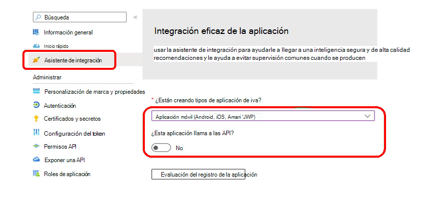 Use el asistente de integración de registro de aplicaciones para comprobar la configuración.