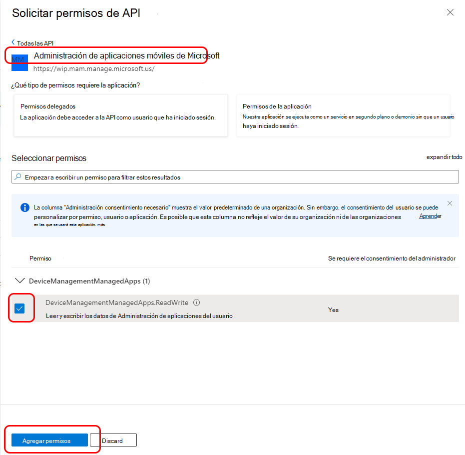 Configure los permisos de API para Microsoft Mobile Application Management.