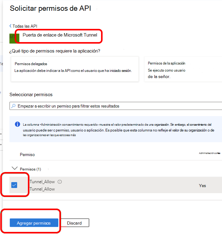 Configure los permisos de API para La puerta de enlace de Microsoft Tunnel.