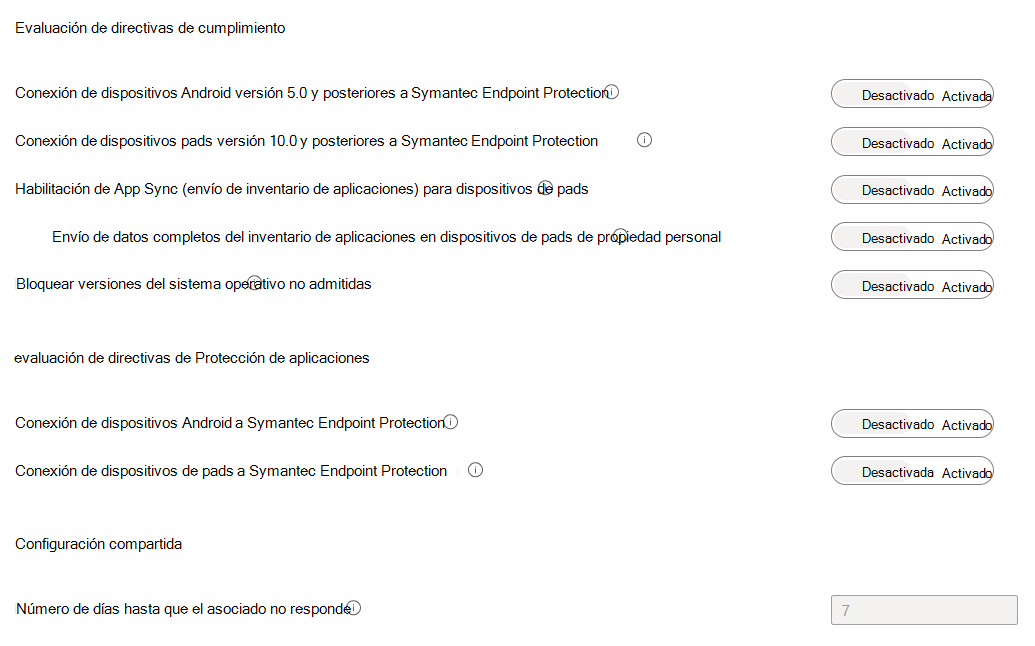 Captura de pantalla con ejemplo que muestra la configuración de la directiva de cumplimiento MDM para el conector de MDT.