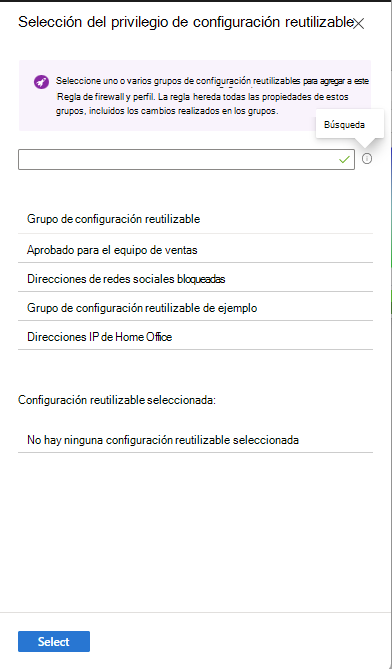 Captura de pantalla que muestra el panel Seleccionar configuración reutilizable.