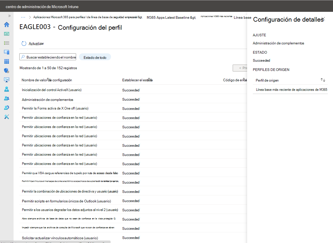 Vea el estado notificado de un dispositivo para cada configuración de la línea base.