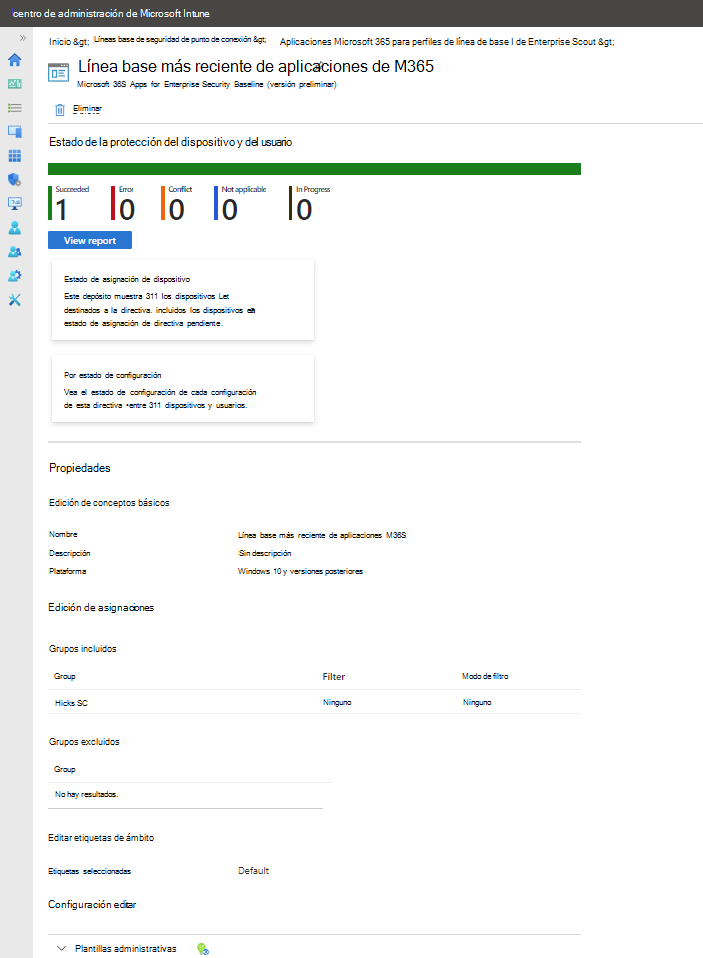 Vea el panel para ver un perfil de línea base de seguridad.