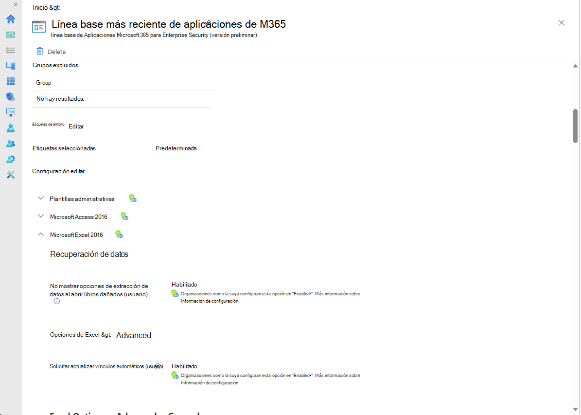 Vea la configuración de líneas base, donde puede editar para realizar cambios.