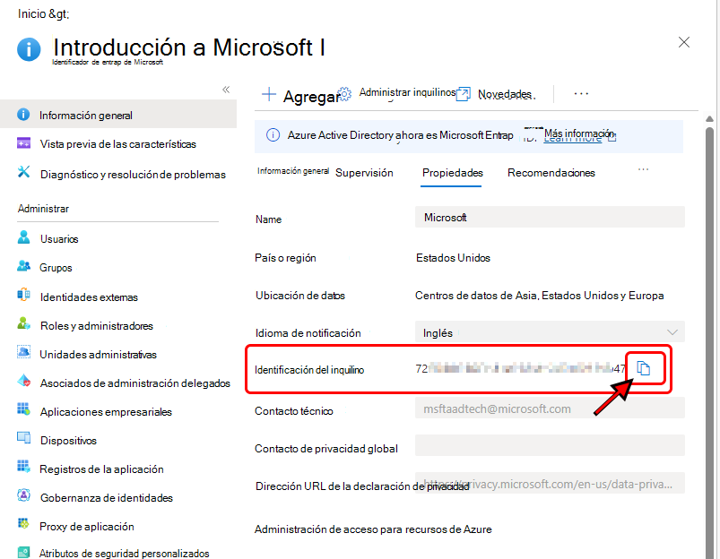 Imagen que muestra el identificador de inquilino en el Azure Portal