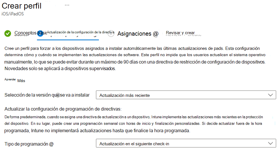 Captura de pantalla que muestra la versión seleccionada para instalar y programar la configuración de actualización de software para dispositivos iOS/iPadOS en el centro de administración de Microsoft Intune.