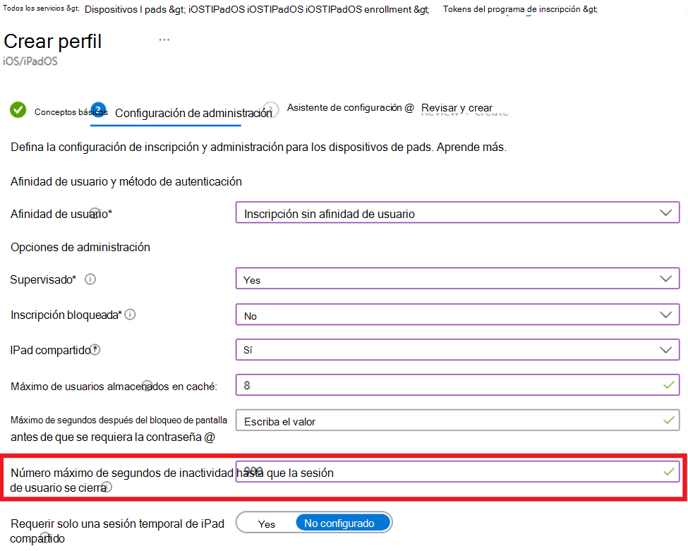 Captura de pantalla que muestra cómo inscribirse sin afinidad de usuario y establecer el valor de inactividad para dispositivos iOS/iPadOS en el centro de administración de Microsoft Intune.