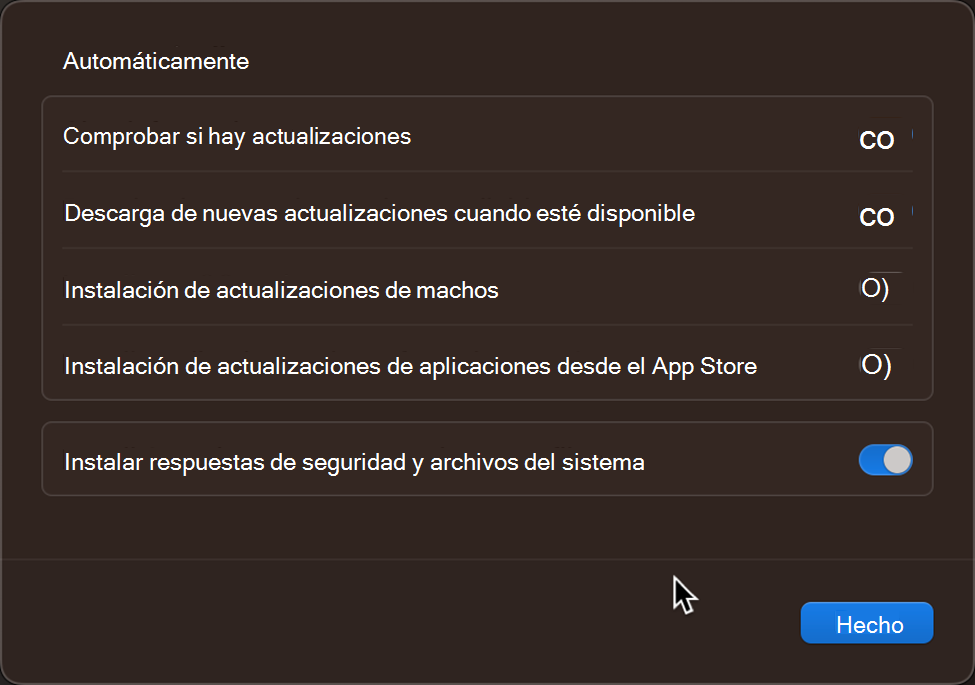 La configuración y los controles de actualización predeterminados del sistema operativo en un dispositivo Apple macOS.