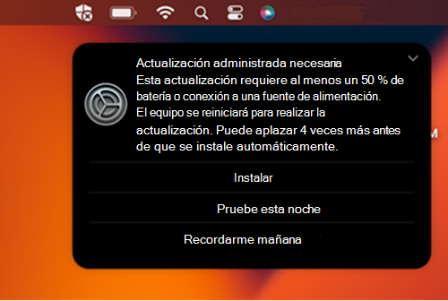 Mensaje de notificación de ejemplo para una actualización necesaria en un dispositivo Apple macOS.