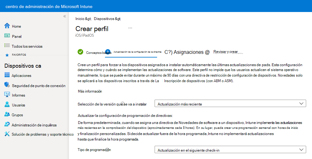 Captura de pantalla que muestra la configuración de la directiva de actualización de software de ejemplo en Microsoft Intune.