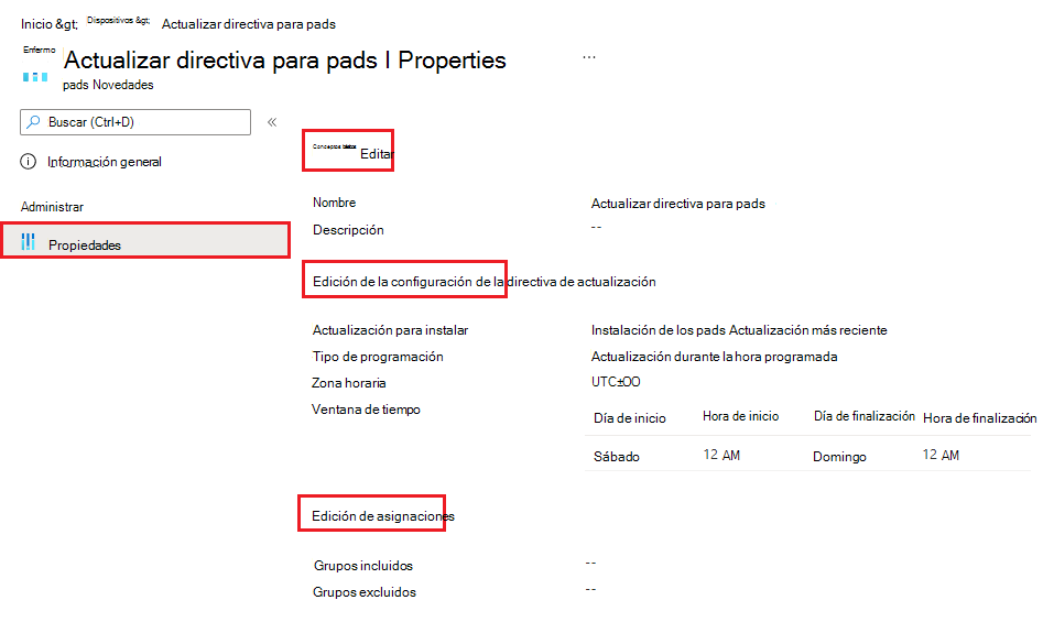 Captura de pantalla que muestra cómo editar una directiva de actualización de software de iOS/iPadOS existente en Microsoft Intune.