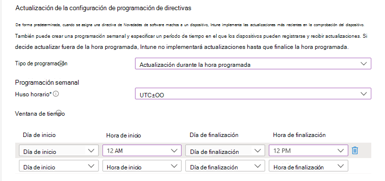 Captura de pantalla de la configuración de programación de la directiva de actualización.