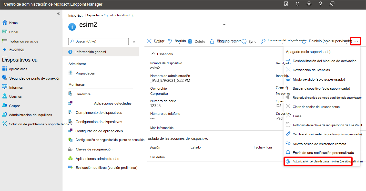 Captura de pantalla de la actualización del plan de datos móviles