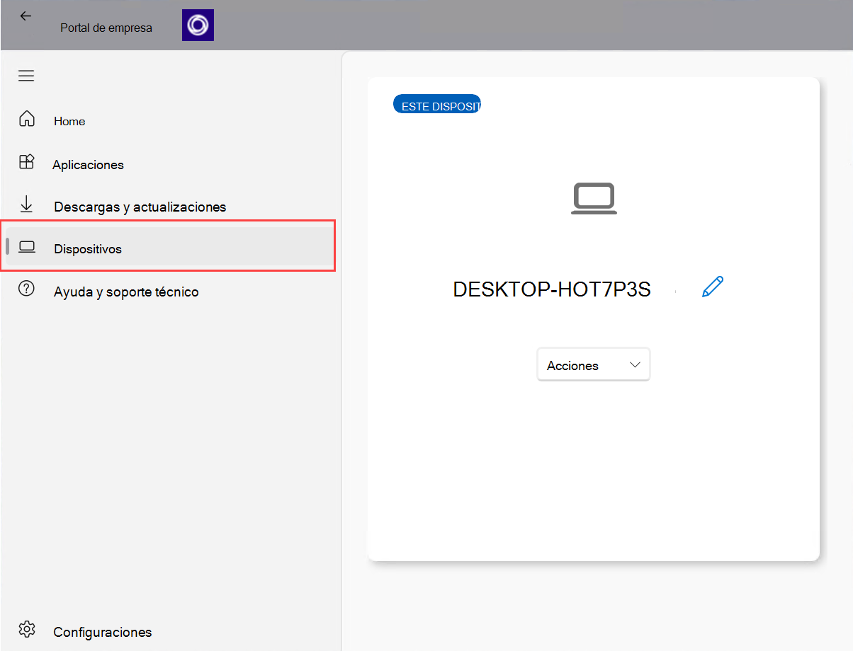 Captura de pantalla de la aplicación Portal de empresa para Windows que resalta la opción 