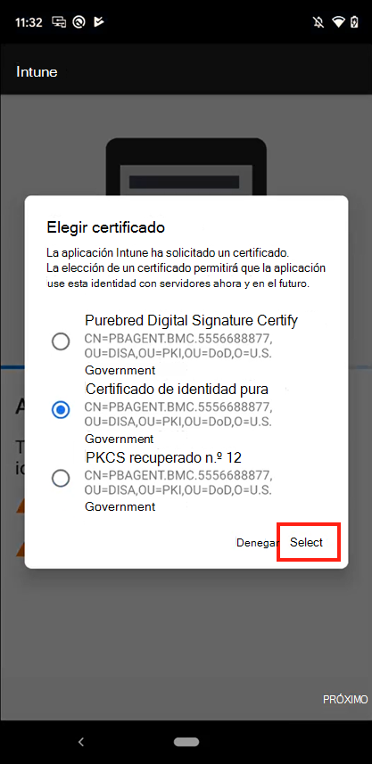 Captura de pantalla del símbolo del sistema Elegir certificado