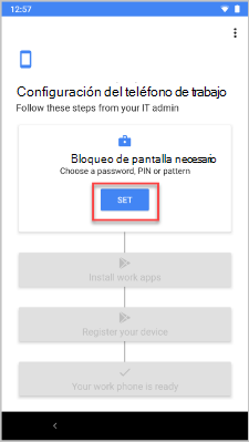 Imagen de ejemplo de La configuración de la pantalla del teléfono de trabajo, resaltando el botón Establecer.