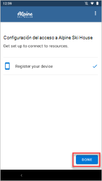 Imagen de ejemplo de Configuración del acceso, registro de la pantalla del dispositivo y resaltado el botón Listo.