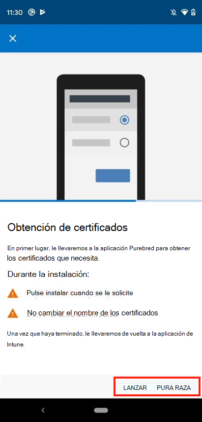 Captura de pantalla del símbolo del sistema de la aplicación Intune para abrir la aplicación DISA Purebred.