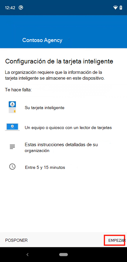 Captura de pantalla de la aplicación Intune Configurar la pantalla de acceso a tarjetas inteligentes móviles.