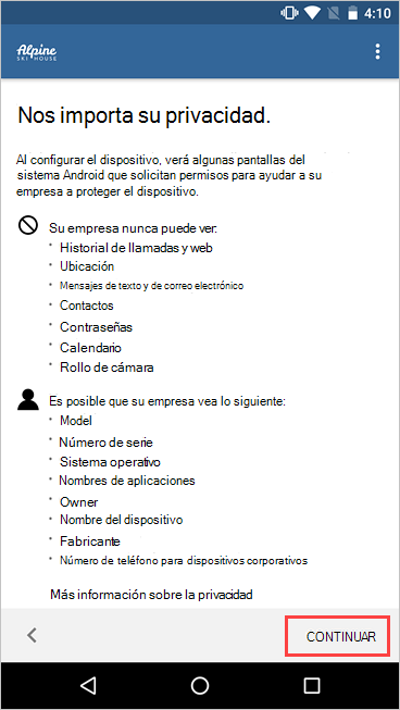 Captura de pantalla de Portal de empresa, Nos preocupamos por su pantalla de privacidad, resaltando el botón Continuar.