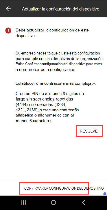 Captura de pantalla de la pantalla Actualizar configuración del dispositivo de Portal de empresa que resalta el botón RESOLVER y el botón CONFIRMAR CONFIGURACIÓN DEL DISPOSITIVO.