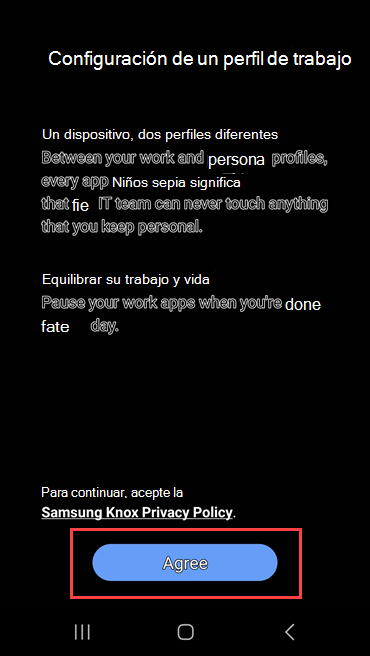 Captura de pantalla de Portal de empresa que muestra el vínculo a La directiva de privacidad de Samsung Knox y resalta el botón Aceptar.